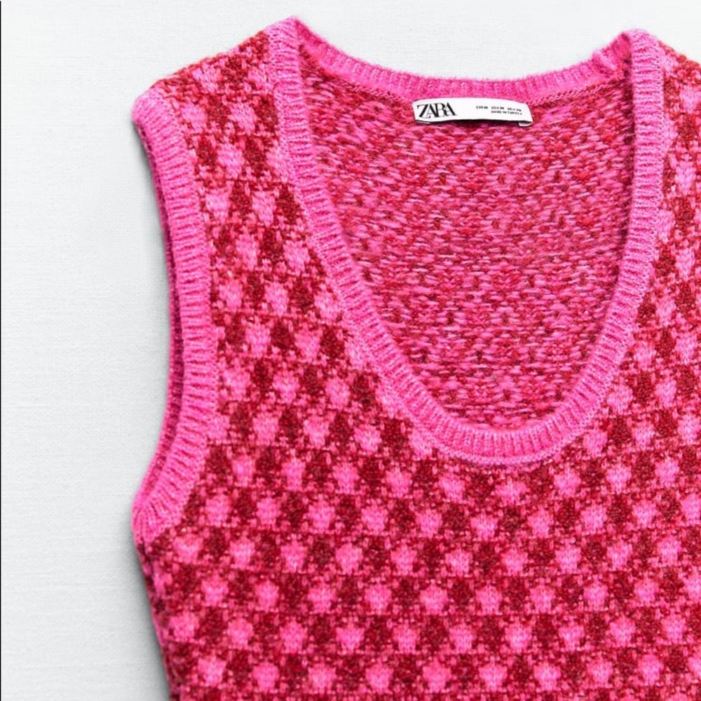 Zara PLAID KNIT Sleeveless Mini A-Line Dress w/ Round Neckline Size S Pink NEW - Picture 16 of 16